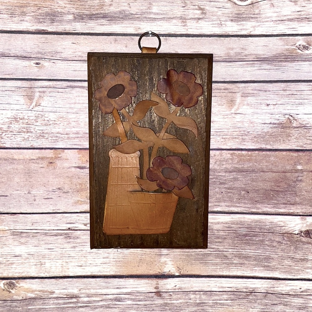 Vintage Boho Floral Wood & Faux Leather Wall Hanging.